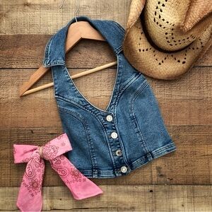 Denim Button-Up Halter Stretch Top Festival Rodeo Western Coastal Cowgirl